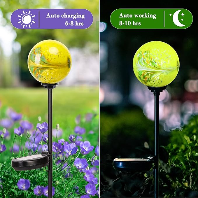 Solar Lights Outdoor Decorative Solar Outdoor Decorative Glass Ball Stakes Waterproof Garden Stake Glass LED Garden Globe Lights for Pathway Yard Lawn Decoration Yellow-Ruum Studio Home