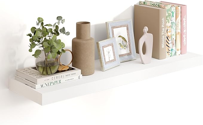 Heimlove 36 Inch White Floating Shelves for Wall,10 Inch Deep Wood Shelves with Invisible Brackets,Wall Mounted Storage & Display Shelves for Bedroom,Living Room,Kitchen,Office-Ruum Studio Home