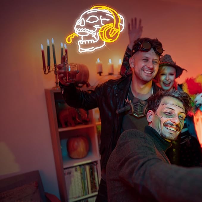 Skull Headphone Neon Sign Headphone Neon Light for Wall Decor LED Dimmable USB Skull Light Up Sign for Halloween Party Game Room Personalized Gifts(12.6 * 16.5In)-Ruum Studio Home