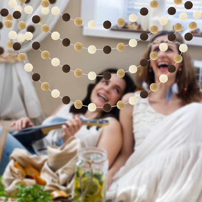 Jishi Pom Pom Garland Boho Party Decorations, 3-Pack Brown Khaki Beige Felt Ball Garland Cute Pastel Rainbow Pompom Strings, Christmas Birthday Wedding Rustic Boho Home Decor Supplies, Xmas Tree Decor-Ruum Studio Home