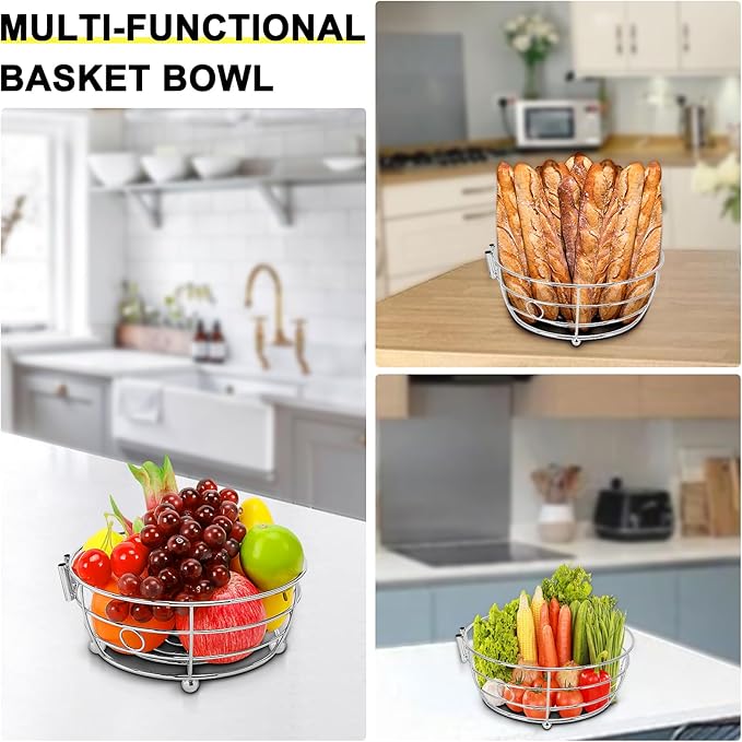 Livabber Countertop Fruit Basket Bowl with Banana Hanger, Modern Standing Fruit Vegetable Bowl Storage, with Banana Tree Holder for Kitchen Dinning Table (Round Metal, Chrome)-Ruum Studio Home