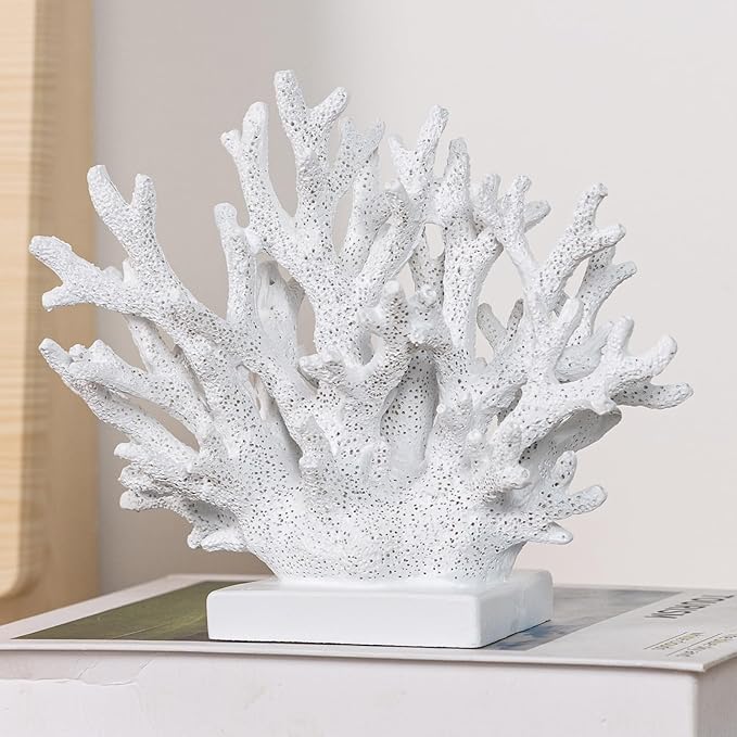 5.8" H White Coral Decor, Resin Coral Statue, Nautical Decorations for Home, Bedroom, Bathroom, Living Room, Beach/Coastal/Ocean Themed Cabinet Shelf Tabletop Decor-Ruum Studio Home