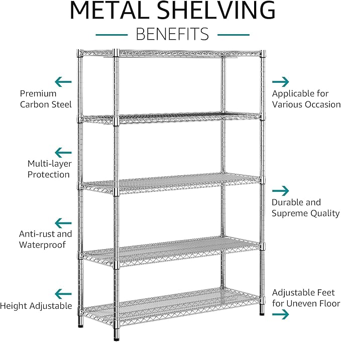 IZEUK 4250 LBS Garage Shelving Wide Storage Shelves 5 Tier Metal Shelves Heavy Duty Adjustable Utility Shelf Rack Chrome 17.7" D x 59.1" W x 70.4" H-Ruum Studio Home