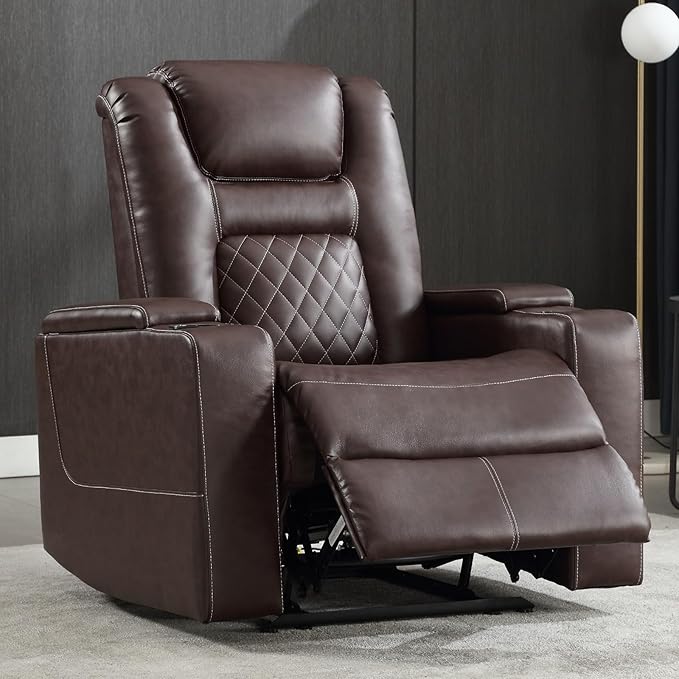 CANMOV Electric Power Recliner Chair with USB Ports and Cup Holders, Breathable Leather Home Theater Seating with Hidden Arm Storage (Red Brown)-Ruum Studio Home