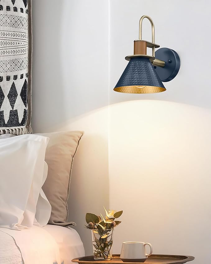 Industrial Wall Sconces Set of Two, HWH Indoor Wall Sconce 1-Light Barn Vanity Light, Gooseneck Wall Lamp for Bathroom Bedroom Bedside Kitchen, Hammered Metal Shade, Navy Blue Finish, 5HZG74B-2 BL+BG-Ruum Studio Home