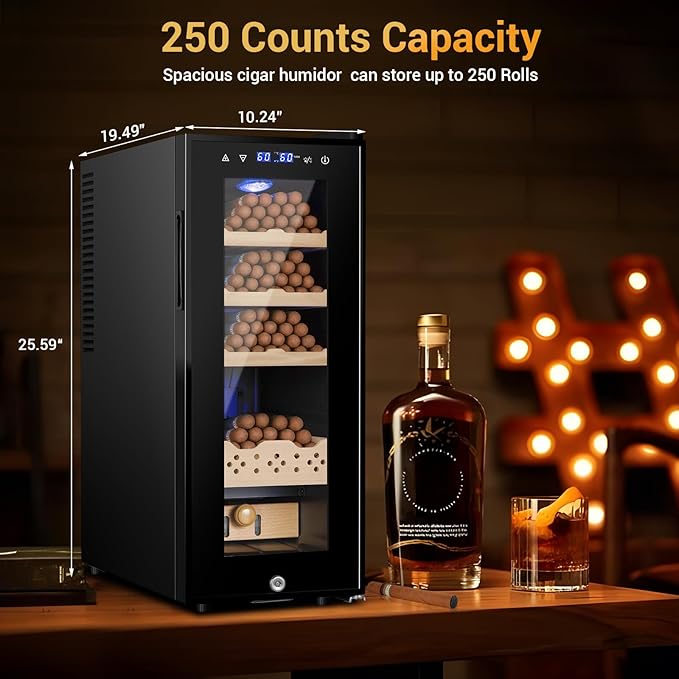 Cigar Electric Humidor, 35L 250 Counts Large Capacity Thermostatic Electric Cigar Cooler Cabinet with Digital LED Screen, Safety Lock,Smart Humidity & Temp Control, Gifts for Men-Ruum Studio Home