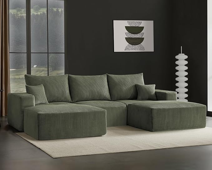 40" Square Stuffed Ottoman Pouf for Sofa Couch, Corduroy Poufs with Foam Chunk Filling, Furry & Fluffy Foot Stool Movable Ottoman. 40 * 31 Floor Poufs Foot Rest for Living Room, Green-Ruum Studio Home