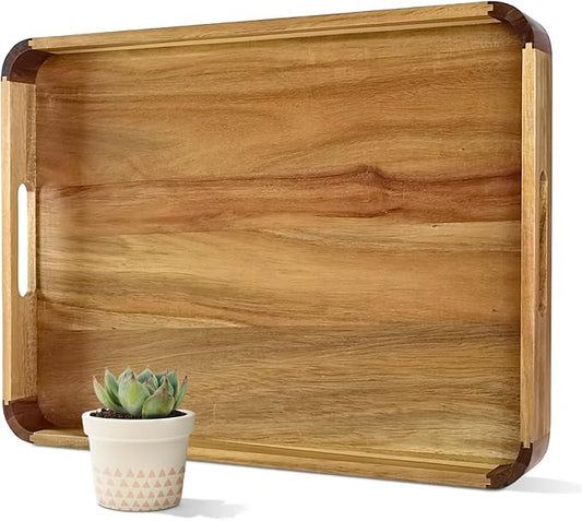 22 Inches Acacia Wood Serving Tray with Handles, Large Wooden Rectangle Ottoman Tray, Nice Home Decor for Living Room Coffee Table Couch, Ideal Size for Serving Food Breakfast BBQ Party-Ruum Studio Home