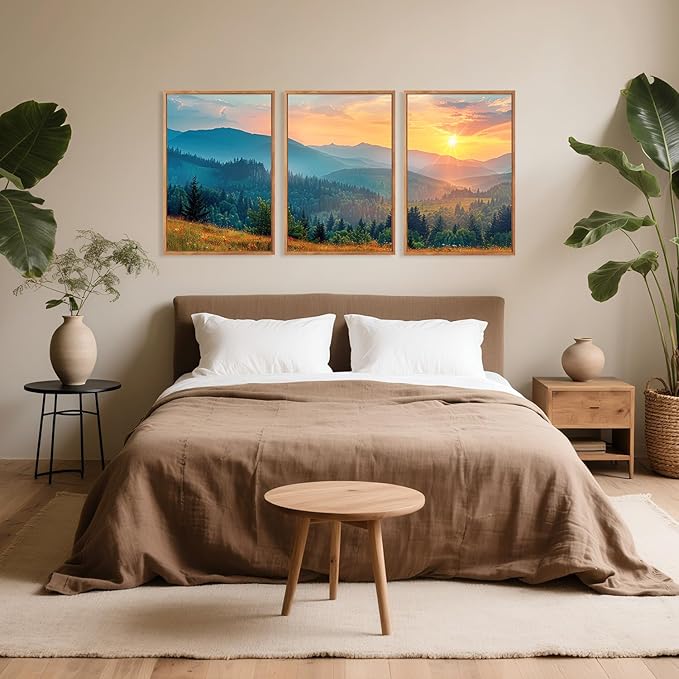 Aurlan Boho Mountain Sunset Landscape Framed Wall Art(16"x24"), 3PCS Green Blue Ridge Grand Teton National Park Canvas Artwork, Abstract Modern Watercolor Nature Forest Scenery Decor for Home Office Bedroom-Ruum Studio Home