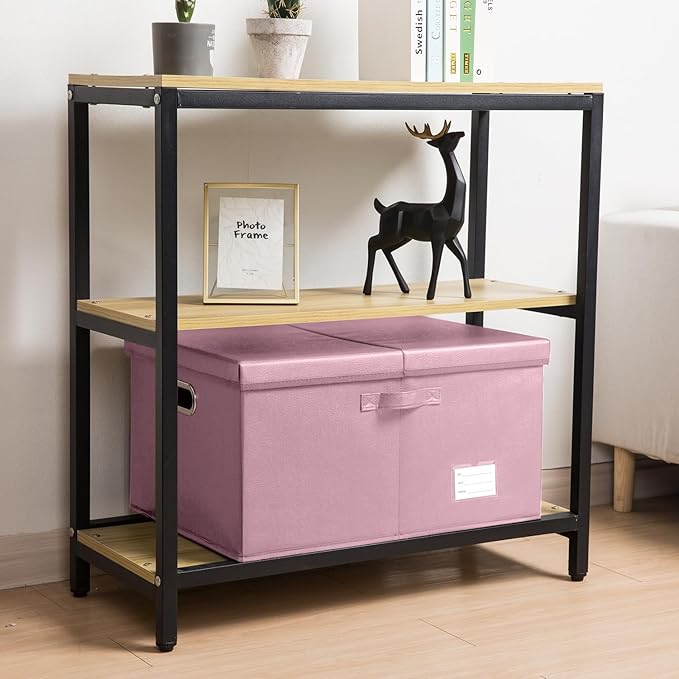 PRANDOM Collapsible Storage Box with Lid [3-Pack] Leather Fabric Foldable Storage Bin Organizer Container Basket Cube with Cover for Home Bedroom Closet Office Nursery Pink(22.8X15.7X11.8)-Ruum Studio Home