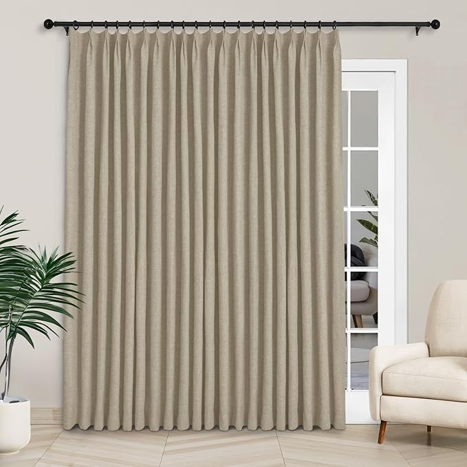 Macochico 120”Wx102”L 100% Blackout Linen Curtains Pinch Pleated Thermal Panels for Sliding Door Bedroom Living Room Farmhouse Shabby Chic Light Khaki Burlap Curtains with Tieback 1 Panel-Ruum Studio Home