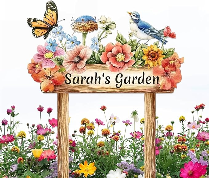 Personalized Colorful Bird Metal Sign with Stake,Custom Gardener Last Name Signs Outdoor Decorate,Customized Garden Accessories Decor for Mom,Butterfly Flowers Plaques for Patio Lawn Porch Backyard-Ruum Studio Home