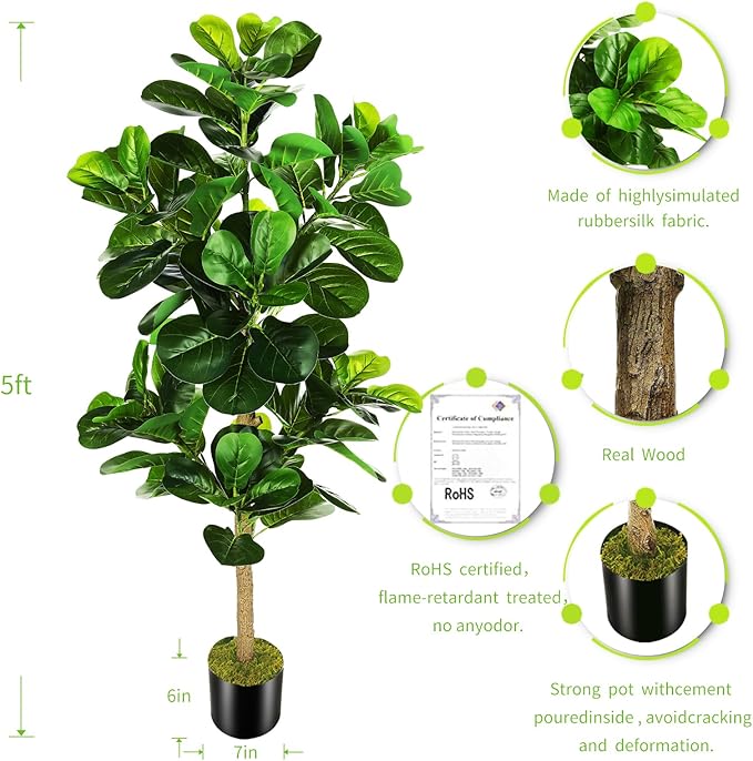 5ft Artificial Fiddle Leaf Fig Tree (60in) with Plastic Nursery Pot Faux Tree, Ficus Lyrata Fake Plant for Office House Farmhouse Living Room Home Decor (Indoor/Outdoor)-Ruum Studio Home