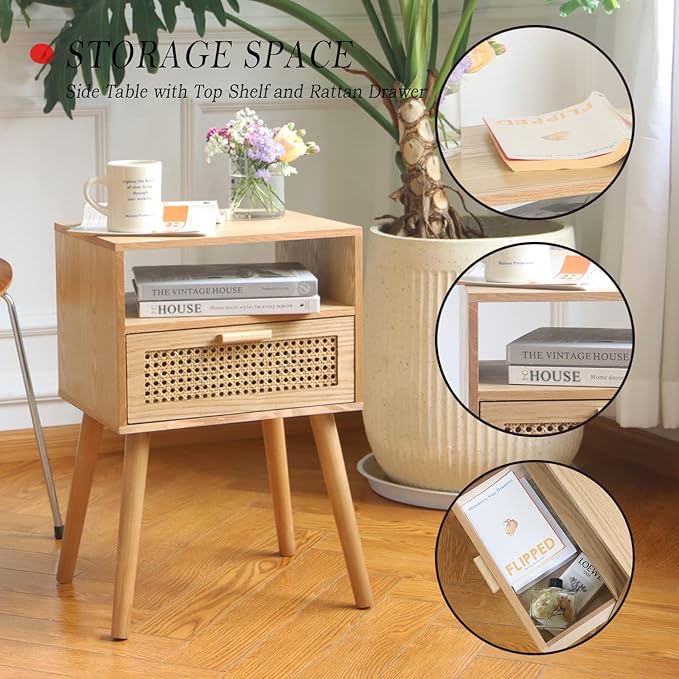 MaxSmeo Modern Nightstand Rattan Side End Table with Storage, for Living Room, Bedroom and Small Spaces, Accent Bedside Farmhouse Tables with Solid Wood Legs, Easy Assembly (Natural Walnut)-Ruum Studio Home