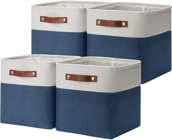 DULLEMELO [Set of 4 Storage Cubes Baskets for Organizing, 11 x 11 x 11 inch Cube Storage Organizer Bins with Leather Handles, Foldable Fabric Cloth Bins for Cube Storage(4 Pack - 11" White&Blue)-Ruum Studio Home