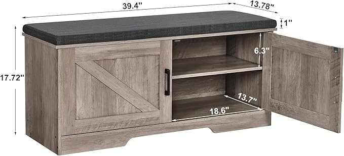 2-Tier Storage Bench, Shoe Bench with Padded Seat Cushion, Entryway Bench with 2 Barn Doors, Adjustable Shelf, 13.8" D x 39.4" W x 17.7" H, for Entryway, Living Room, Bedroom, Greige-Ruum Studio Home
