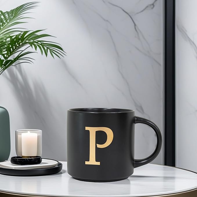 COLLECTIVE HOME - Monogram Ceramic Mugs, 15 oz Golden Initial Black Coffee Cups, Elegant Alphabet Tea Mugs, Elegant Personalized Mug with Gift Box, Unique Mug with Double Side Capital Lette (P)-Ruum Studio Home
