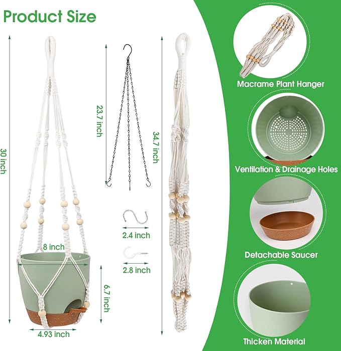 Hanging Planters for Indoor Outdoor Plants, 2 Pack Self Watering Hanging Pot with Drainage Holes, Removable Tray & 2 Kinds of Plant Hangers, 8'' Hanging Flower Pots for Home Garden Decor, Green-Ruum Studio Home
