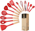 Kitchen Utensils Set, 13PCS Silicone Cooking Utensils, Heat Resistant Kitchen Utensil Spatula Set for Nonstick Cookware, Wooden Handles Kitchen Gadgets Tools Set (RED)-Ruum Studio Home