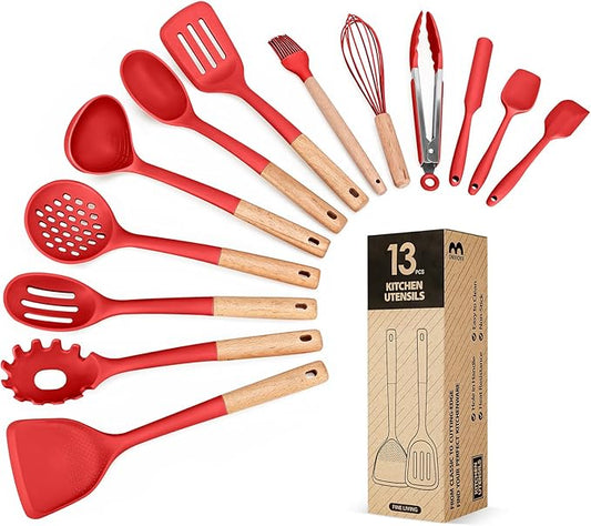 Kitchen Utensils Set, 13PCS Silicone Cooking Utensils, Heat Resistant Kitchen Utensil Spatula Set for Nonstick Cookware, Wooden Handles Kitchen Gadgets Tools Set (RED)-Ruum Studio Home