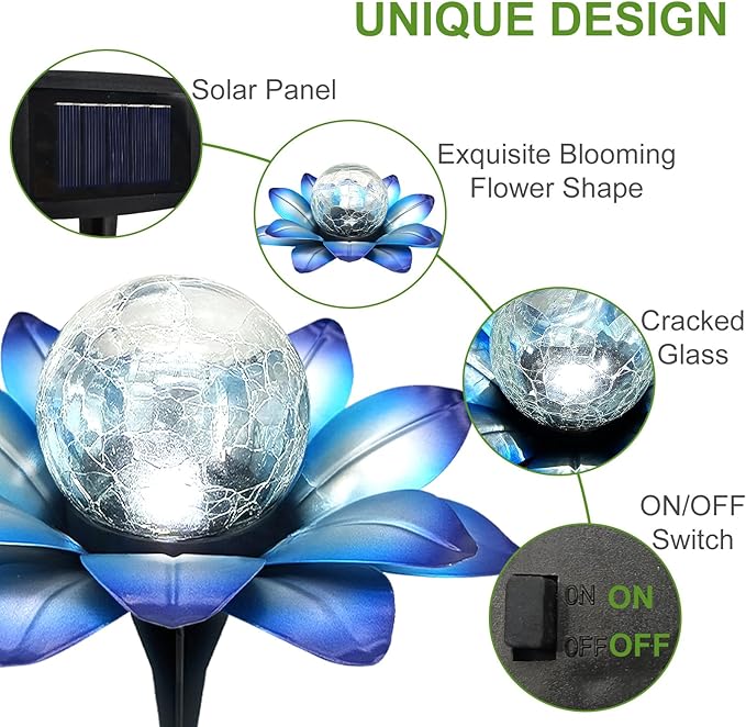 LEWIS&WAYNE Solar Garden Lights Outdoor, 3 Pcs Blue Lotus Flower Pathway Lamps with Cool White Crackle Glass Globe Led Lights for Patio Pathway Yard Balcony Garden Decorations-Ruum Studio Home
