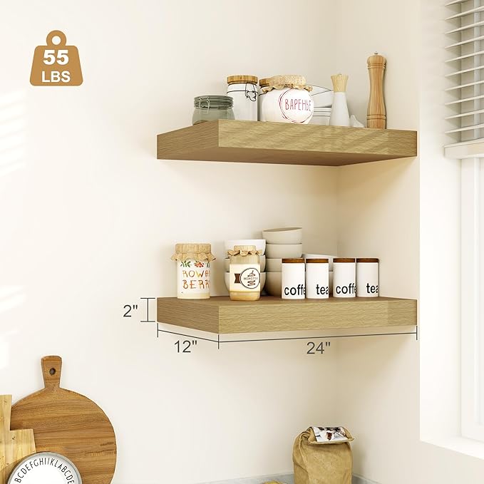 Heimlove Bathroom 12'' Deep Floating Shelves for Wall - Shelf Over Toilet Wall Mounted Farmhouse 24 inches,Rustic Wood Wall Shelves Decor & Storage Set of 1 Oak-Ruum Studio Home
