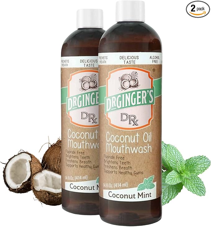 Dr. Ginger’s Coconut Oil Pulling Alcohol Free Mouthwash - Mint Flavor, 14 fl oz, 2pcs - Support Gum Health, Tongue, and Teeth Whitening for Adults, Fluoride Free, All-Natural, with Xylitol-Ruum Studio Home