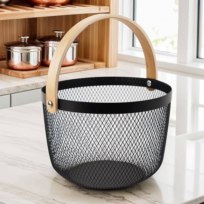 Metal Mesh Steel Basket, Garden Harvest Basket for Gathering Vegetables Round Wire Basket with Handle Storage Organizer Multi-functional Hanging Fruit Basket for Kitchen Bathroom Picnic-Ruum Studio Home