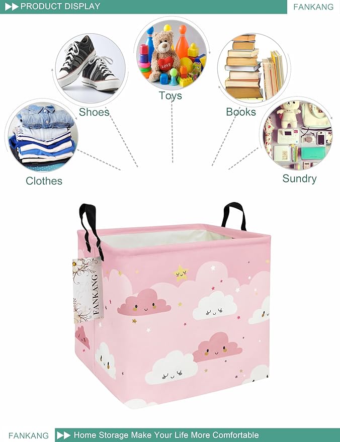 FANKANG Square Nursery Hamper Storage Bins Canvas Laundry Basket Foldable with Waterproof PE Coating Storage Baskets Gift Baskets for Children, Office, Bedroom, Clothes（Square-pink cloud ）-Ruum Studio Home
