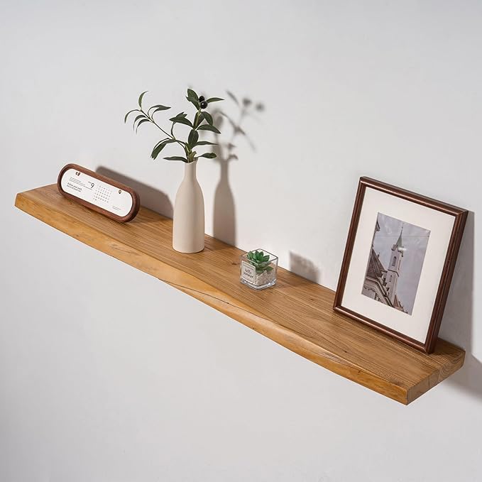 Axeman 48 inch Floating Shelves for Wall - 8'' D Live Edge Rustic Solid Elm Wood Floating Shelves Wall Mounted, Hanging Shelves with Invisible Bracket for Living Room Bedroom Kitchen, Natural-Ruum Studio Home