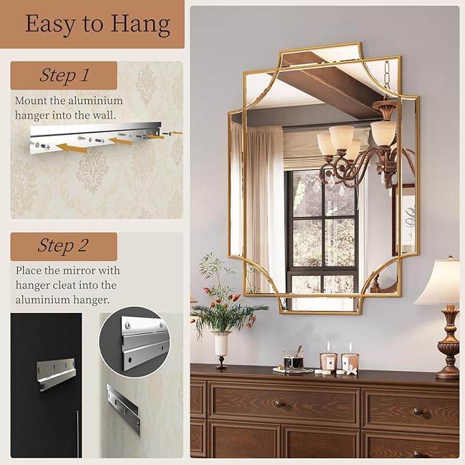 Kelly Miller Large Gold Decorative Mirror for Wall, 30"x40" Gold Bathroom Mirror Vanity Wall Mirror Rectangle Mirror Beveled for Master Bath Half Bath Living Room Bedroom Farmhouse Fireplace Hallway-Ruum Studio Home