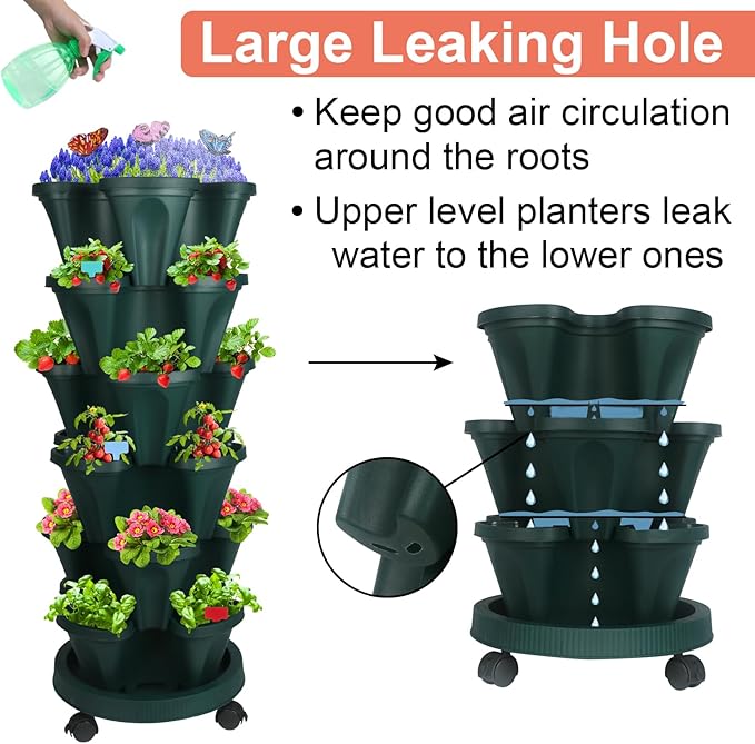 Vertical Planter, 6 Tier Stackable Strawberry Planter with Garden Tool Set, Movable Indoor/Outdoor Garden Herb Pot for Growing Vegetables and Succulents, Green-Ruum Studio Home