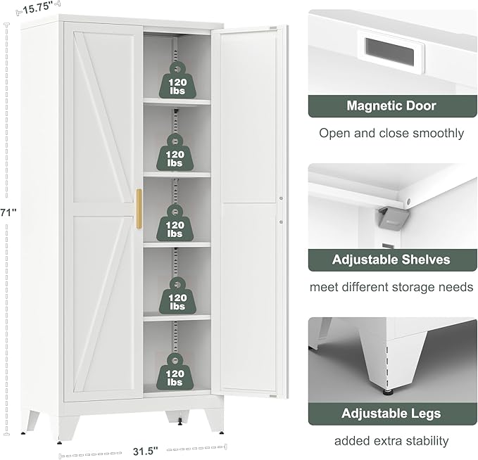 71'' Farmhouse Metal Storage Cabinet with Barn Doors,Steel File Cabinet for Home Office,Kitchen Pantry 4 Adjustable Shelves,Freestanding Cupboard for Kitchen,for Home Office,School (White)-Ruum Studio Home