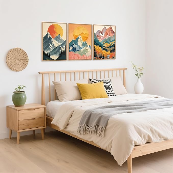 HPNIUB Mountains Forests Framed Canvas Wall Art Set, Abstract Woodland Painting, Boho Scenery Sun Wall Decor, Pretty Grassland River Artwork for Living Room, Bedroom, Dining Room, Office - 16"x24"x3-Ruum Studio Home