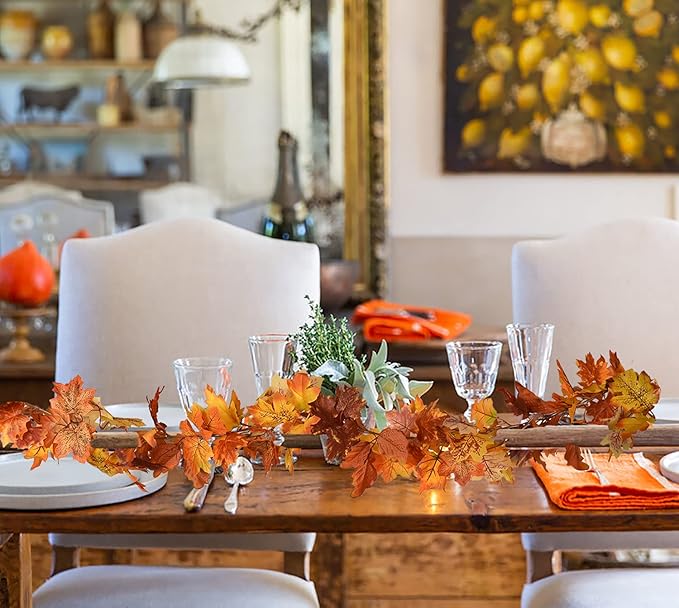 DearHouse 2 Pack Fall Maple Leaf Garland - 5.9Ft/Piece Hanging Vine Artificial Autumn Foliage for Thanksgiving, Home, Wedding, Fireplace, Party, Christmas Decor (Light Orange)-Ruum Studio Home
