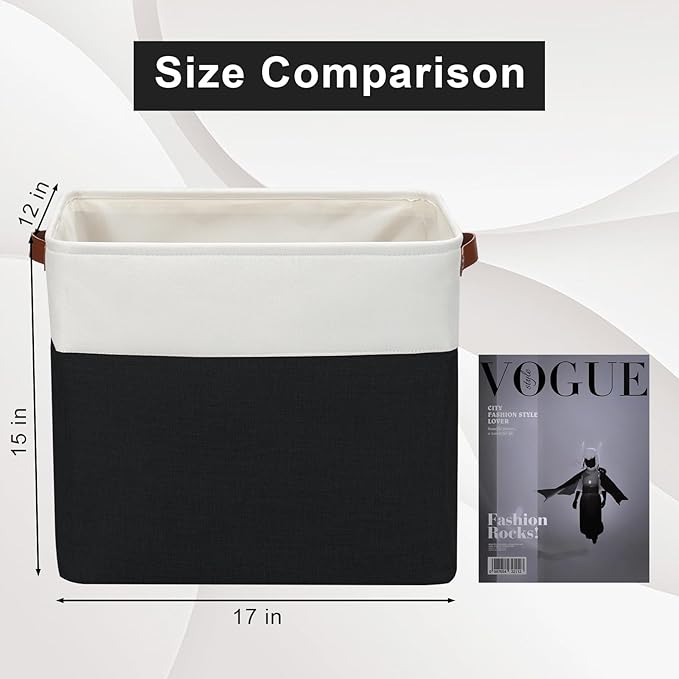 Large Fabric Storage Baskets | 50L Storage Bins, Decorative Linen Closet Baskets with Handles for Organizing, Shelf, Toys, Clothes, Home, Office, Nursery, 17x12x15Inches (Black&White)-Ruum Studio Home