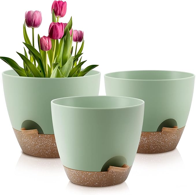 Plant Pots 10/9/8 Inch Self Watering Pots, Set of 3 Plastic Planters with Drainage Holes and Saucers,Plastic Flower Pots,Nursery Planting Pot for Indoor Out Door Plants（Green）-Ruum Studio Home