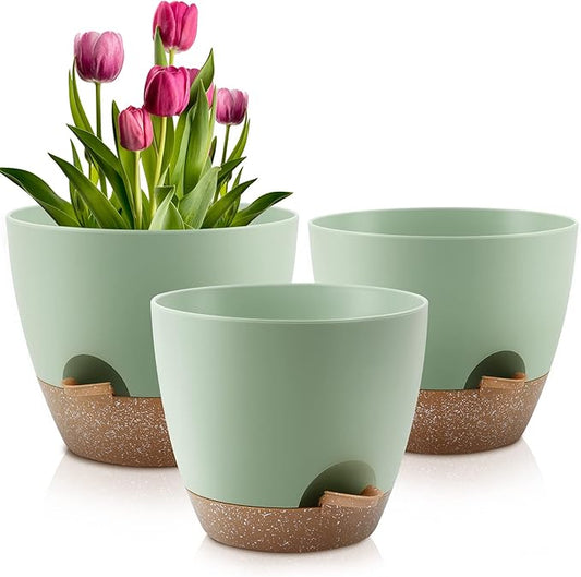 Plant Pots 10/9/8 Inch Self Watering Pots, Set of 3 Plastic Planters with Drainage Holes and Saucers,Plastic Flower Pots,Nursery Planting Pot for Indoor Out Door Plants（Green）-Ruum Studio Home