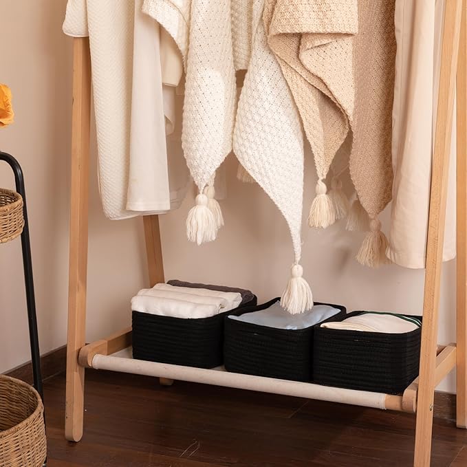 3 Pack Small Storage Baskets for Organizing, Cute Woven Decorative Gift Baskets for Shelves, Mini Closet Organizer Bins with Handles, 11.81''Lx7.87''Wx4.72''H-Black-Ruum Studio Home