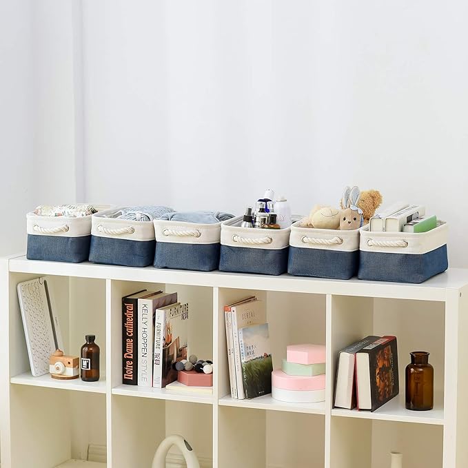 Storage Basket for Organizing - 12x8x5.2 inch Small 6 Pack Fabric Storage Bin Collapsible Baskets for Shelves with Rope, Storage Box for Cloth Decorative Laundry Canvas(White & Blue)-Ruum Studio Home