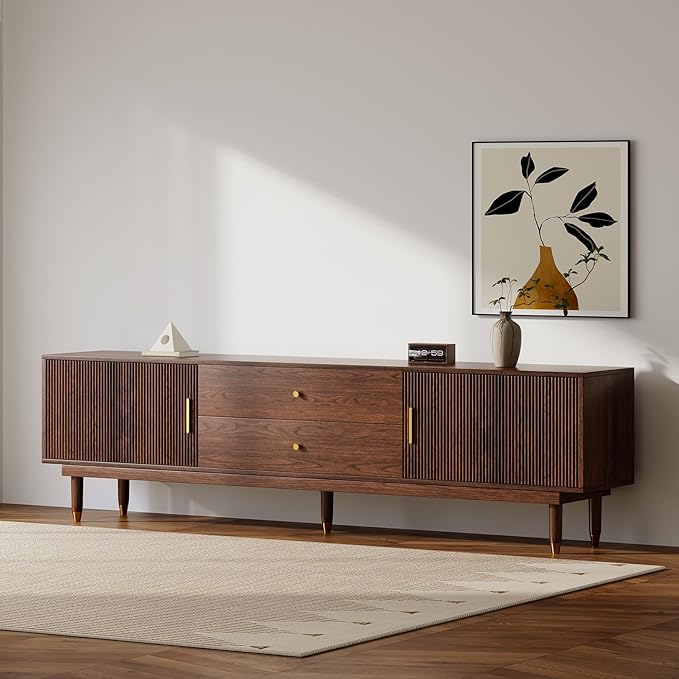 Mid Century Modern TV Stand for 75 inch TV, 78.7" Walnut TV Console with 2 Storage Cabinet & 2 Drawers, Entertainment Center, Media Console for Living Room/Bedroom-Ruum Studio Home