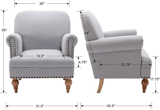 chairus Linen Accent Chair for Living Room Upholstered Mid Century Modern Single Sofa Chair with Solid Wood Legs Comfy Reading Chair Armchair for Bedroom/Office Room/Recption/Lounge, Grey-Ruum Studio Home
