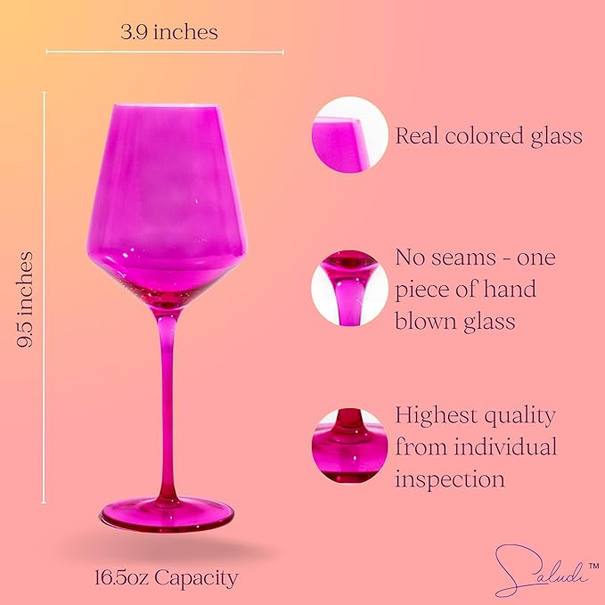 Saludi Colored Wine Glasses, 16.5oz (Set of 6) Stemmed Frida-Color Glass - Great for all Wine Types and Occasions - Luxury, Durable, Hand-Blown-Ruum Studio Home