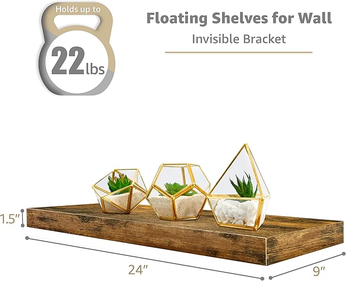 Sorbus Floating Shelves for Wall - 24" Bathroom Shelves, Wall Decor for Bedroom, Kitchen, Living Room, Home Decor & Book storage - Mounted Floating Shelf with Invisible Brackets (Rustic Brown, 2 Pack)-Ruum Studio Home