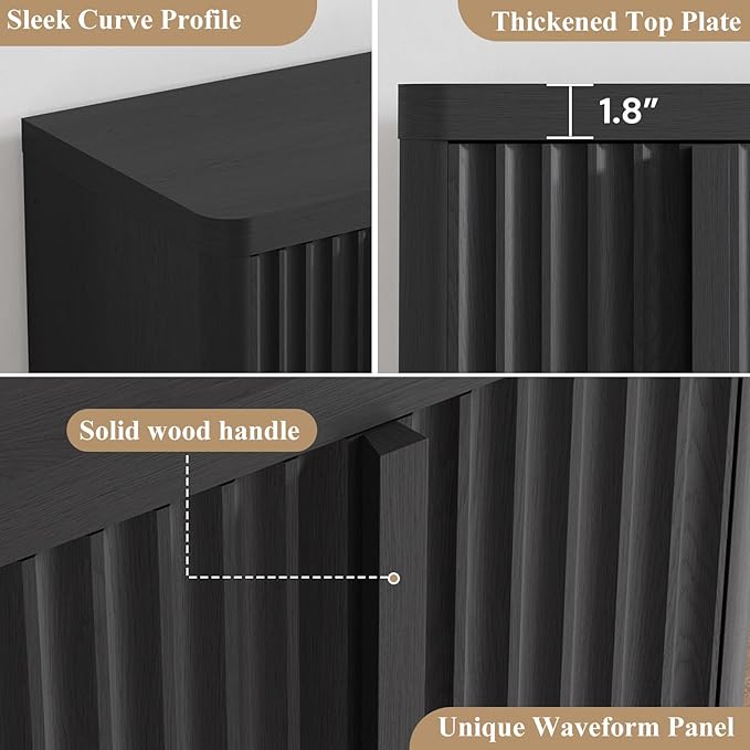 Fluted Buffet Cabinet with Storage, 60" Sideboard Buffet Storage Cabinet with 4 Doors & Adjustable Shelves, Wood Coffee Bar Credenza Accent Cabinet for Kitchen, Dining Room, Living Room, Black(1PCS)-Ruum Studio Home