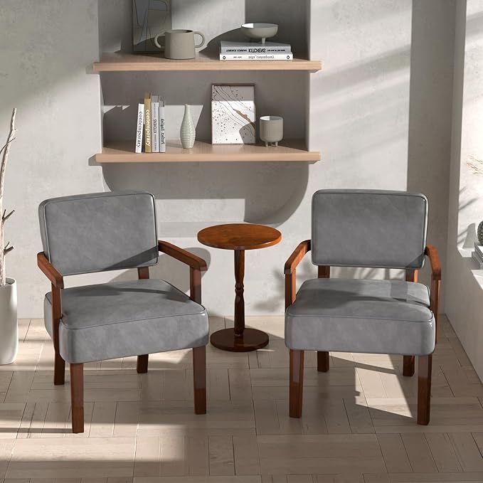 Accent Chair, PU Leather Oversized Living Room Chairs with Soft Seat and Armrests, Armchair for Bedroom, Dinning, Reading and Waiting Rooms (Leather Gray)-Ruum Studio Home