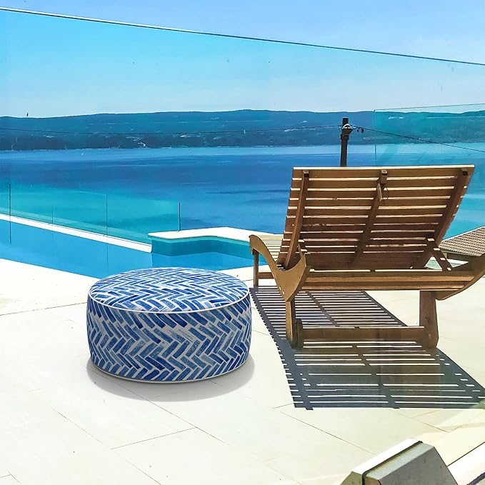 LVTXIII Indoor/Outdoor Inflatable Ottoman, All Weather Round Footrest Stool D21”x H9”, Portable for Patio Garden Camping or Home-Blue Bricks-Ruum Studio Home