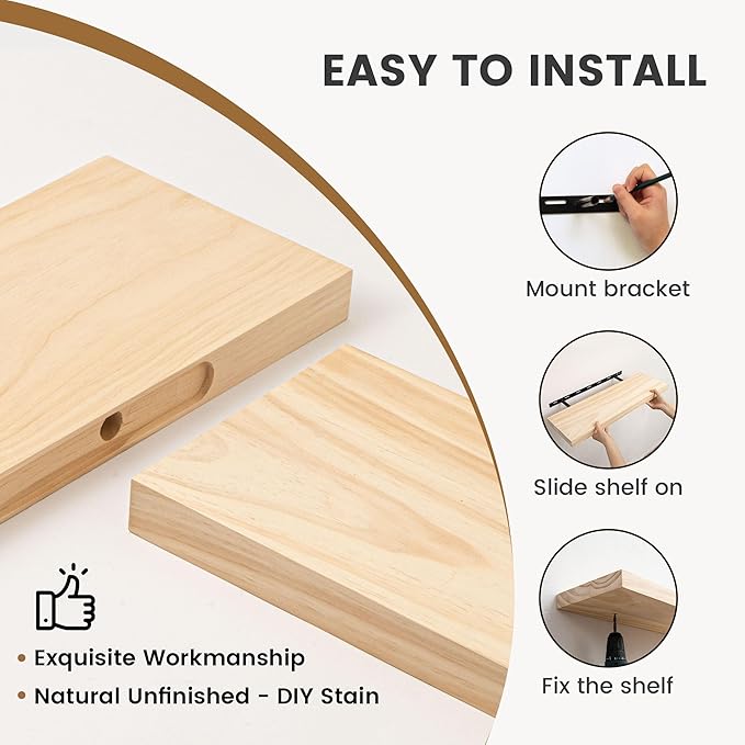 Fun Memories 36 Inch Floating Shelves for Wall, Deep Rustic Solid Pine Wood Wall Shelves for Storage - Farmhouse Wall Mounted with Heavy-Duty Metal Bracket, 36" W x 8" D, Set of 2,Unfinished-Ruum Studio Home