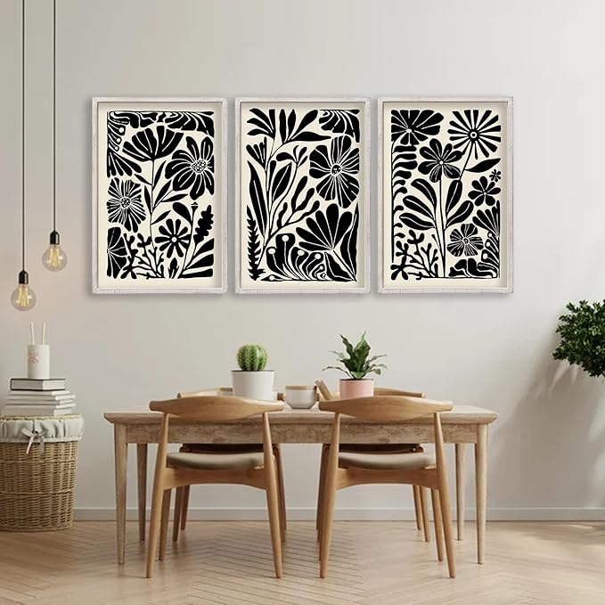 Abstract Floral Botanical Wall Art 16x11 Inch 3 Piece Black Vintage Boho Plant Flower Minimalist Wood Frame Sign Home Living Room Family Office Mid Century Print Wall Hanging Decor (White)-Ruum Studio Home