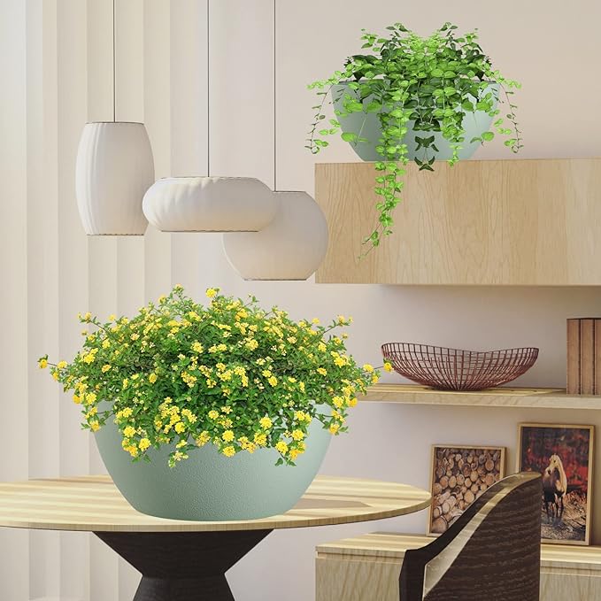 13 inch Large Hanging Planters Plant Pots for Outdoor Indoor Plants with Drainage Holes and Chain, 2 Pack Round Hanging Flower Pots for Garden Home Porch Decor, Green-Ruum Studio Home